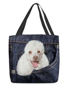 White Poodle-Dark Denim-Cloth Tote Bag