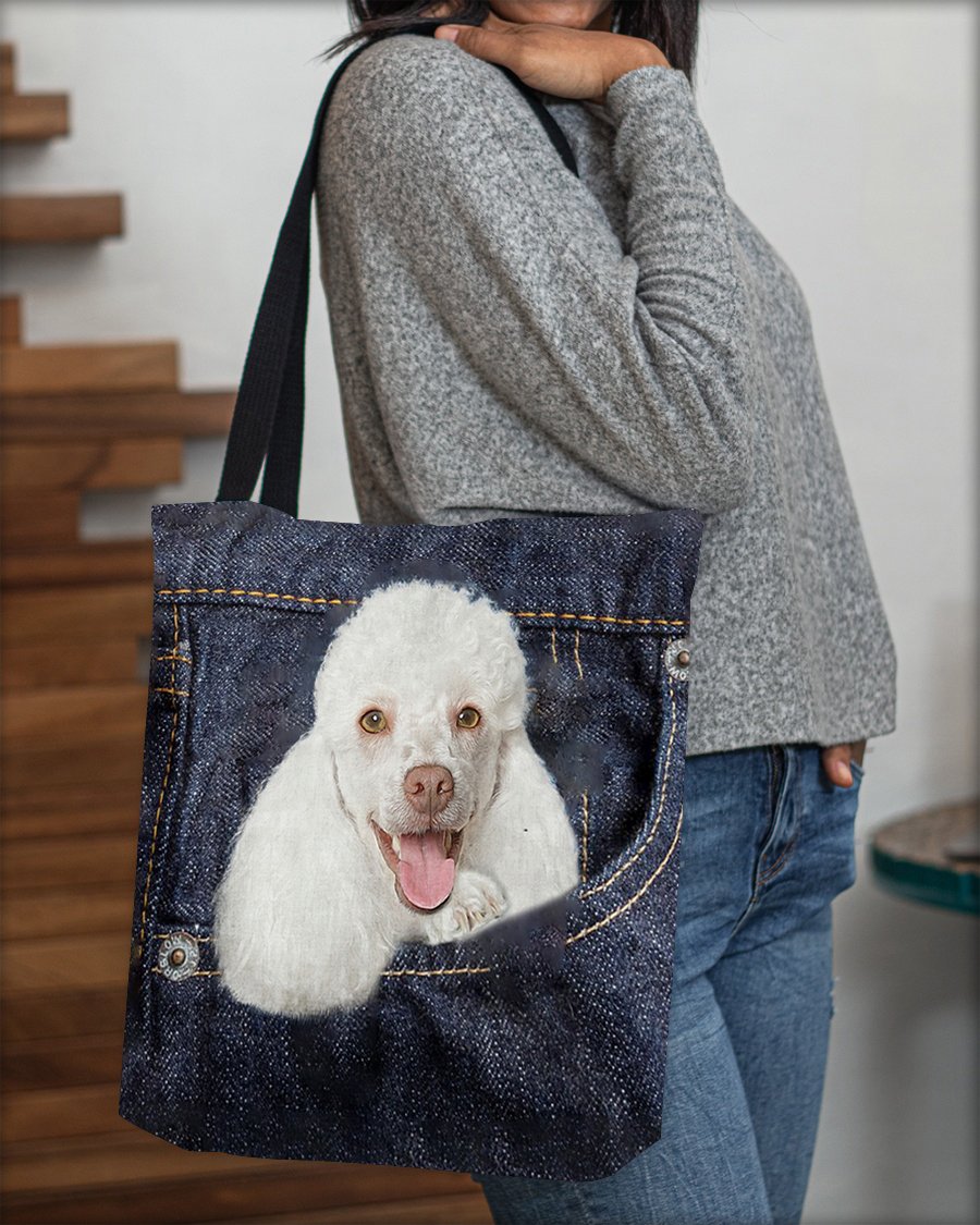 White Poodle-Dark Denim-Cloth Tote Bag