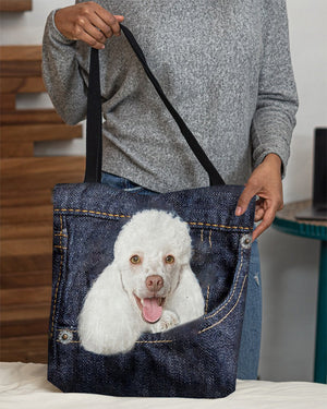 White Poodle-Dark Denim-Cloth Tote Bag