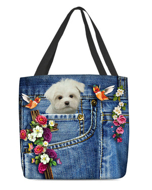 White Maltese-Cardinal & Cross Flower Cloth Tote Bag