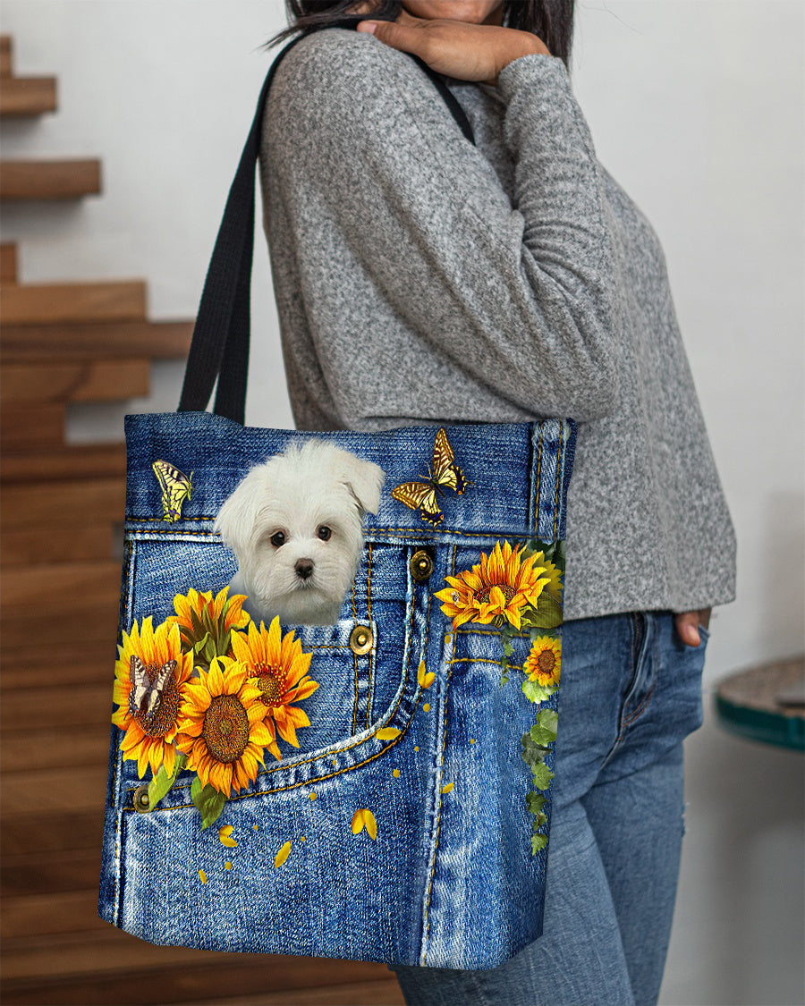 White Maltese-Sunflowers & Butterflies Cloth Tote Bag