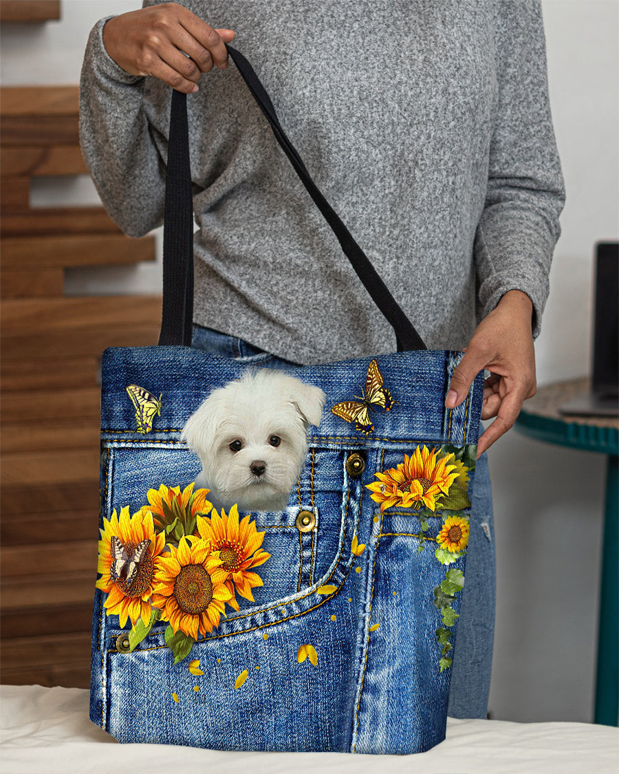 White Maltese-Sunflowers & Butterflies Cloth Tote Bag