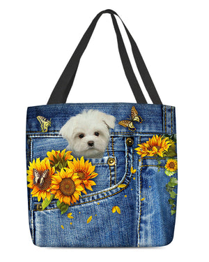 White Maltese-Sunflowers & Butterflies Cloth Tote Bag