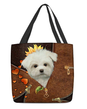 White Maltese-Sunflower&zipper Cloth Tote Bag