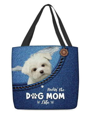 White Maltese-Dog Mom Life-Cloth Tote Bag