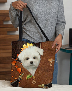 White Maltese-Sunflower&zipper Cloth Tote Bag