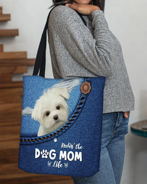 White Maltese-Dog Mom Life-Cloth Tote Bag