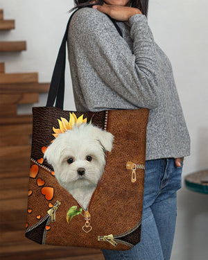 White Maltese-Sunflower&zipper Cloth Tote Bag