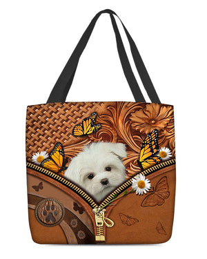 White Maltese Butterfly Daisy Cloth Tote Bag