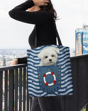 white Maltese On Board-Cloth Tote Bag