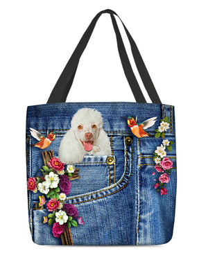 White Poodle-Cardinal & Cross Flower Cloth Tote Bag