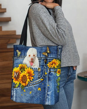 White poodle-Sunflowers & Butterflies Cloth Tote Bag