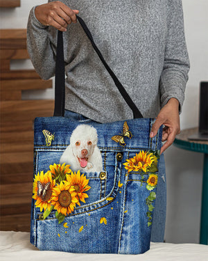 White poodle-Sunflowers & Butterflies Cloth Tote Bag