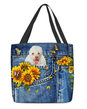 White poodle-Sunflowers & Butterflies Cloth Tote Bag