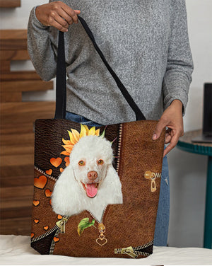 White poodle-Sunflower&zipper Cloth Tote Bag