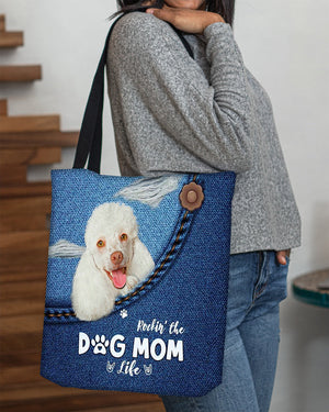 White Poodle-Dog Mom Life-Cloth Tote Bag