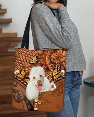 White Poodle Butterfly Daisy Cloth Tote Bag