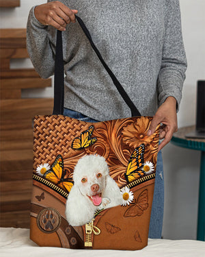 White Poodle Butterfly Daisy Cloth Tote Bag