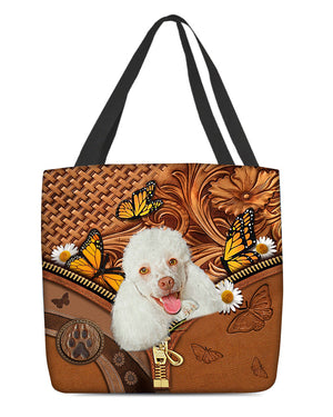 White Poodle Butterfly Daisy Cloth Tote Bag